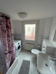 y baño con lavabo y lavadora. en 2-Zimmer-Apartment mit Aussicht!, en Stuttgart