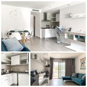 a kitchen and a living room with white cabinets at Paradise Palms I Deluxe, incl. Welcome Package in Corralejo