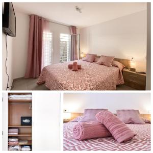 two pictures of a bedroom with a bed and a television at Paradise Palms I Deluxe, incl. Welcome Package in Corralejo
