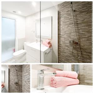 a bathroom with a sink and a shower at Paradise Palms I Deluxe, incl. Welcome Package in Corralejo