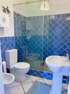 Baño de azulejos azules con aseo y lavamanos en Dolcevita Villa in Vulcano, en Vulcano