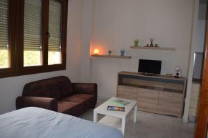 uma sala de estar com um sofá, uma televisão e uma mesa em Estudio Fibes-Palacio em Sevilha