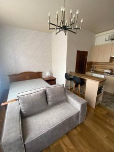 een woonkamer met een bank en een keuken bij Апартаменти на вулиці Залізняка - бічна вулиці Антоновича in Lviv