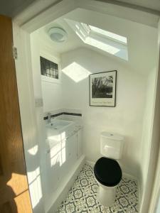 a bathroom with a black toilet and a sink at The Old Smithy in Ventnor