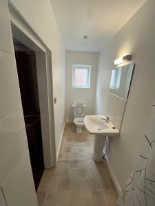a bathroom with a toilet and a sink and a mirror at The Embassy Hotel in Great Yarmouth
