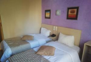 two beds in a hotel room with purple walls at DAR EL IKRAM HOTEL in Alger
