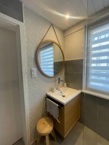 La salle de bains est pourvue d'un lavabo et d'un miroir. dans l'établissement « À deux pas de la petite Venise », à Colmar