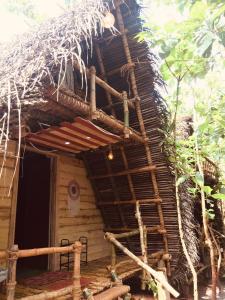 - une vue sur l'extérieur d'une cabane de chaume avec une échelle dans l'établissement Bamboohutz, à Auroville