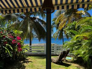 een patio met een parasol en uitzicht op het strand bij Bungalow Sucrier, les pieds dans l'eau in Terre-de-Haut