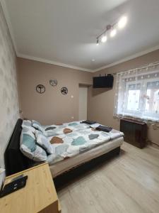 1 dormitorio con cama y escritorio en Etus Vendégház, en Bogács