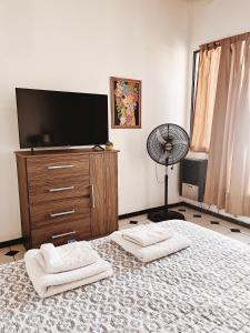 sypialnia z telewizorem z płaskim ekranem i 2 białymi ręcznikami w obiekcie Departamentos PLENO CENTRO w mieście Tupungato