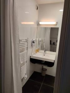 uma casa de banho branca com um lavatório e um espelho em Appartement quartier Chartrons étage 2 em Bordeaux