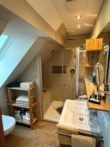 a attic bathroom with a shower and a sink at Ferienwohnungen Roiser in Bad Wörishofen