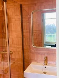 a bathroom with a shower and a sink and a mirror at Fellpack House in Keswick