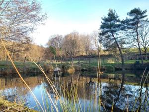 a pond with a boat in the middle of it at Le Petit Lac in Bourganeuf