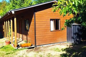 Cabaña de madera pequeña con ventana en un patio en Chalet Valdivia, en Valdivia