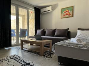 ein Wohnzimmer mit einem Sofa und einem Tisch mit einem Laptop in der Unterkunft Cuprija _apartments in Stolac