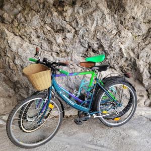Angelo&Marì Mountain Lake Iseo Hospitality في مارون: دراجة زرقاء متوقفة بجوار جدار حجري