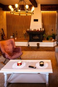 a living room with a coffee table and a fireplace at Osada Mazurowe Love in Miłakowo