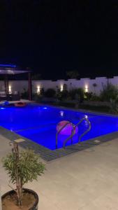 una piscina por la noche con una piscina azul en النوف فيلا en Murayjāt