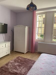 1 dormitorio con 1 cama, vestidor y TV en GERS -Midi-Pyrénées -Appartement 2chambres, en Castelnau-dʼAuzan