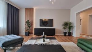 ein Wohnzimmer mit einem Sofa und einem TV an der Wand in der Unterkunft Nico's stylish Apartment in Satu Mare