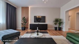 a living room with a couch and a tv on a wall at Nico's stylish Apartment in Satu Mare