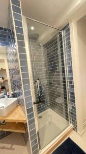 a bathroom with a shower and a sink at Jolie maison centre historique in Honfleur