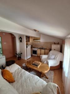 een woonkamer met 2 bedden en een tafel bij Apartment DUNJA in Pluzine