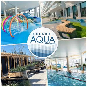 a collage of photos with a pool and a resort at POLANKI AQUA APARTMENTS in Kołobrzeg