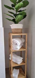 a bamboo shelf with towels and a potted plant at Casa Brì Boutique Rooms in Santa Teresa Gallura +32 photos