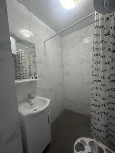 ein weißes Bad mit einem Waschbecken und einem Duschvorhang in der Unterkunft Cuprija _apartments in Stolac