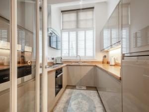 een keuken met roestvrijstalen apparatuur en ramen bij Luxury Moffat Apartment in Moffat