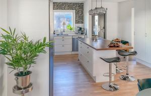 Mörbylångaにある2 Bedroom Stunning Home In Mörbylångaの白いキャビネットと鉢植えのテーブル付きのキッチン