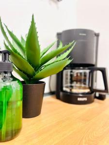 a plant sitting on a table next to a coffee maker at BERGflair inkl. Oberstaufen PLUS in Oberstaufen