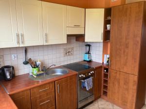 una cocina con armarios de madera y fregadero en Apartament nad rzeką na Mazurach, en Olecko