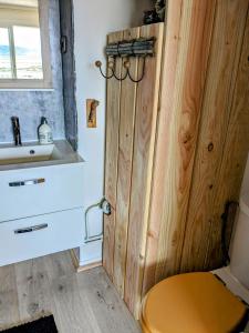 ein Badezimmer mit einer Holztür neben einem Waschbecken in der Unterkunft STUDIO PLAGE ANTHEMIS in Frontignan