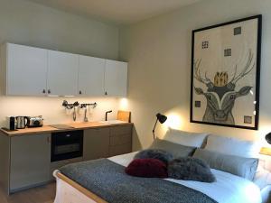 a bedroom with a bed and a kitchen with a sink at ciao-aschau Haus zur Burg Ap204 Hupferl1 in Aschau