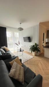 uma sala de estar com um sofá e uma televisão em Apartamenty Kielce- Apartament Komfort przy Baseny Tropikalne, Kadzielnia, parking, faktura em Kielce