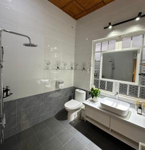 a bathroom with a toilet and a sink and a mirror at La Mer House Đà Lạt in Ấp Ða Lợi +7 photos