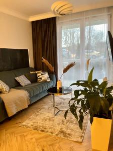 uma sala de estar com um sofá e uma mesa em Apartamenty Kielce- Apartament Komfort przy Baseny Tropikalne, Kadzielnia, parking, faktura em Kielce