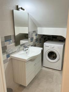 een badkamer met een wastafel en een wasmachine bij Affittacamere “In Piazzetta” in Ateleta
