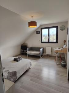 ein Schlafzimmer mit einem Bett, einem Sofa und einem Fenster in der Unterkunft La Soranaise, chambre chez habitant à la campagne in Sorans-lès-Breurey