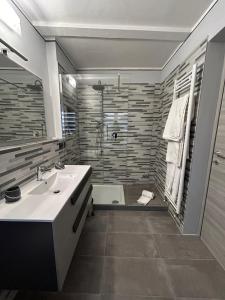 ein Bad mit einem Waschbecken und einer Dusche in der Unterkunft B&B Il Gelsomino in Fontanelle di Roccabianca