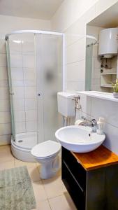 uma casa de banho com um lavatório, um WC e um chuveiro em Apartman Murter 2+1 em Murter