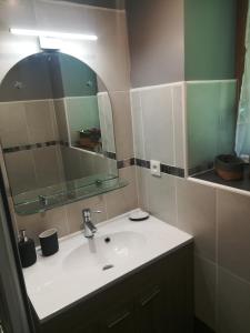 a bathroom with a sink and a mirror at Maison de vacances in Melles