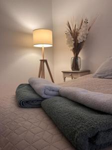 a bedroom with a bed with pillows and a lamp at Le Spacieux- Proche de Paris et Orly - Beau F2 de 52m2 en centre ville in Chilly-Mazarin