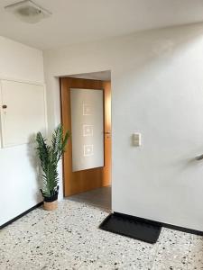einen Flur mit Tür und Topfpflanze in der Unterkunft Deluxe Apartment Ella in Backnang