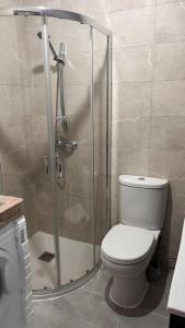 ein Bad mit einem WC und einer Glasdusche in der Unterkunft Marsaxlokk 3 Bedroom Penthouse in Marsaxlokk