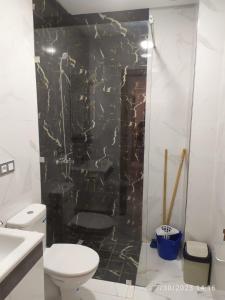 a bathroom with a toilet and a black marble wall at Nador Apartment in Nador